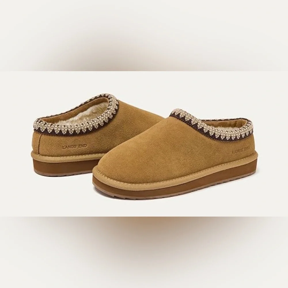 Lands' End Tan Suede Slippers with Patterned Trim - Picture 1 of 9